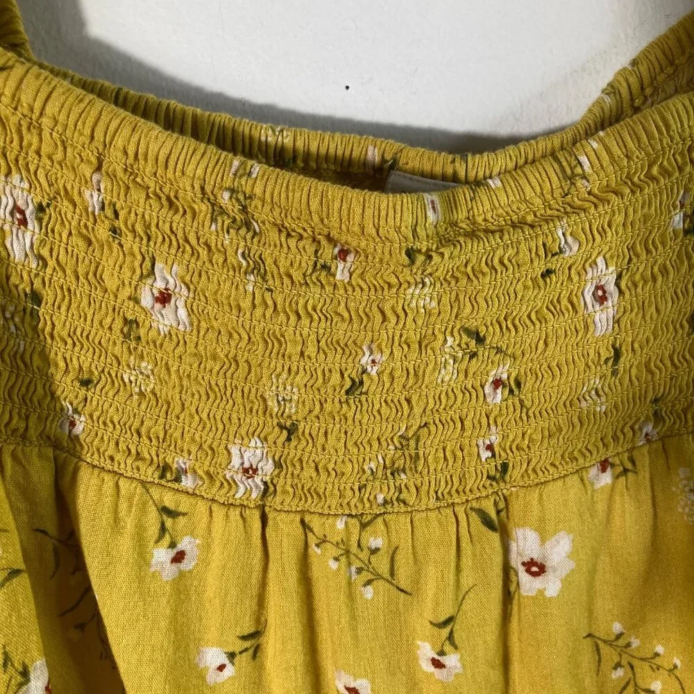 Womens Old Navy Puff Sleeve‎ Ruched Top Floral Blouse Mustard XS Cotton Rayon